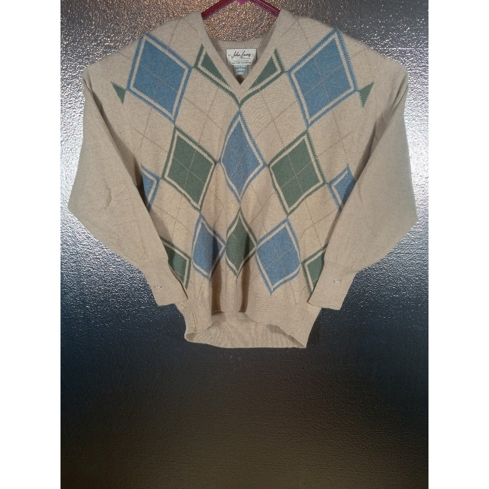 John Laing Cashmere 100% Argyle Mens XL Tan Camel Vneck Sweater Made In Scotland